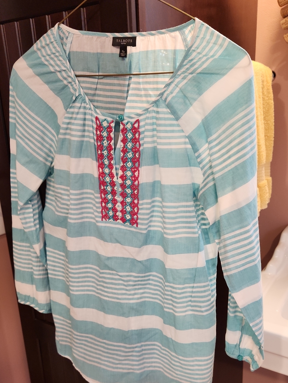 Talbots Aqua and White Striped Embroidered Tunic Top